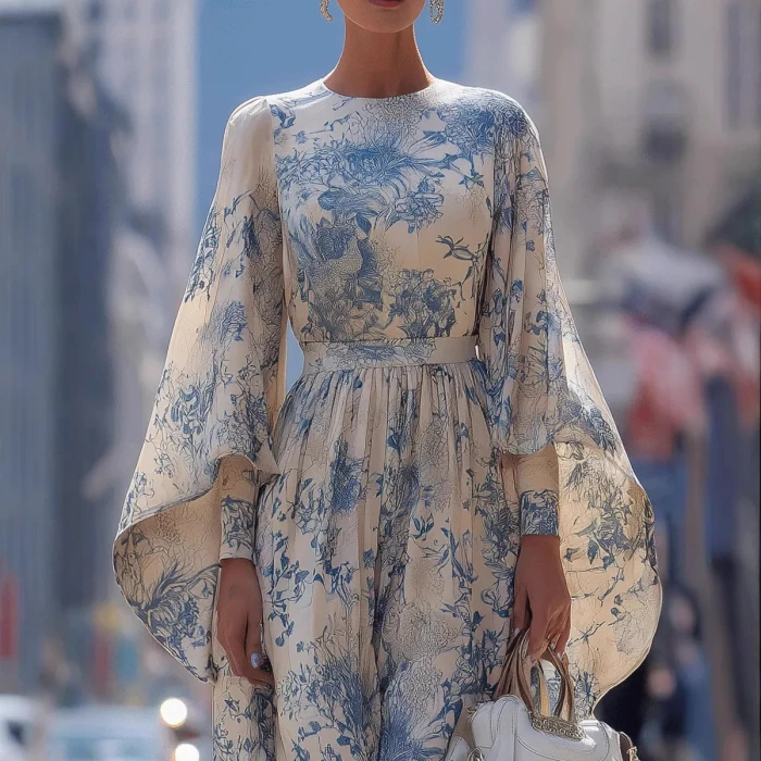 French Digital Print High Waist Flare Cuff Long Sleeve Dress For Daily & Dating