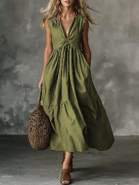 Solid Sleeveless Deep V Neck Loose Maxi Dress For Summer Party & Holiday