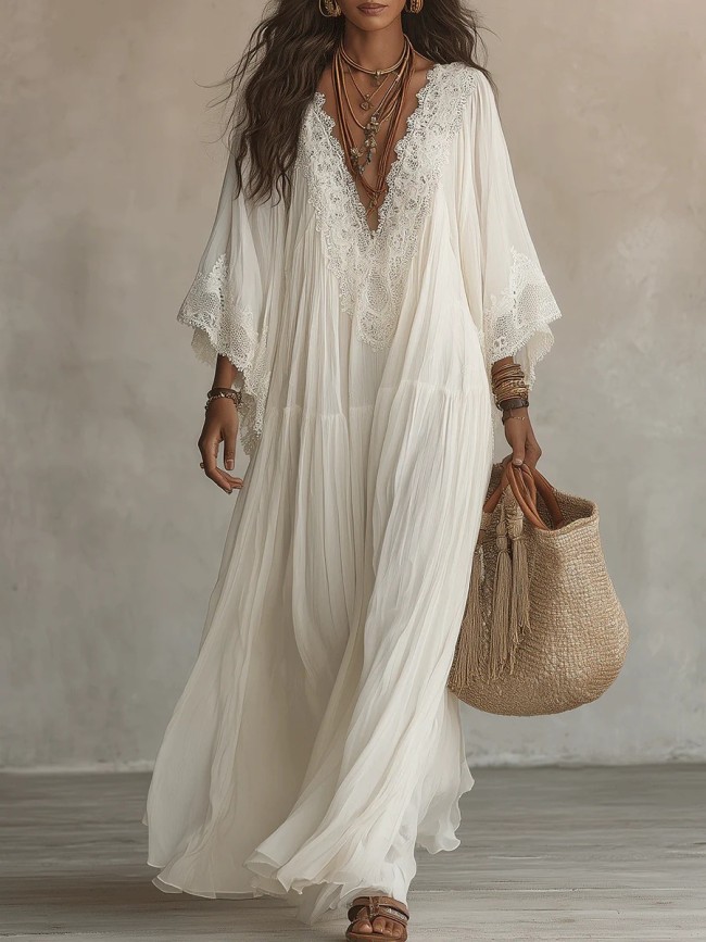 Solid V Neck Lace Trim Flowy Maxi Dress For Beach Holiday & Party
