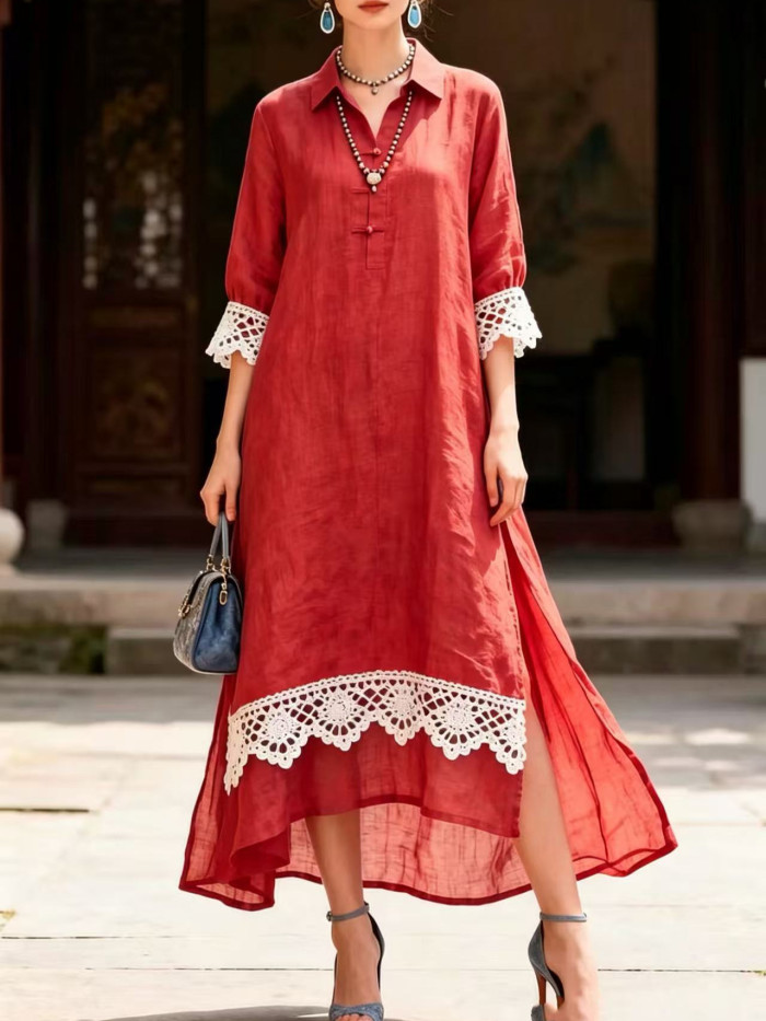 Elegant Turn-down Collar Crochet Lace Split Maxi Shirt Dress For Casual Vacation