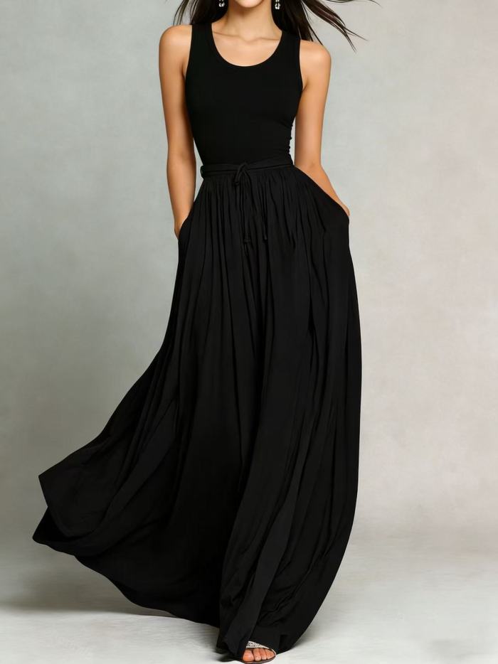 Solid O Neck A-Line Maxi Dress With Pockets For Daily Wear & Holiday
