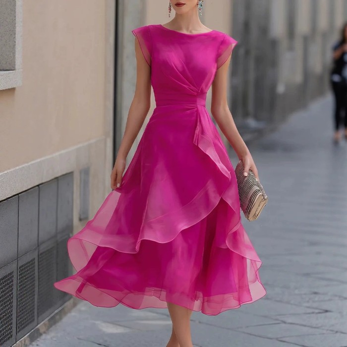 Solid O-Neck Organza Ruffle Layer A-Line Dress For Wedding Guest & Party
