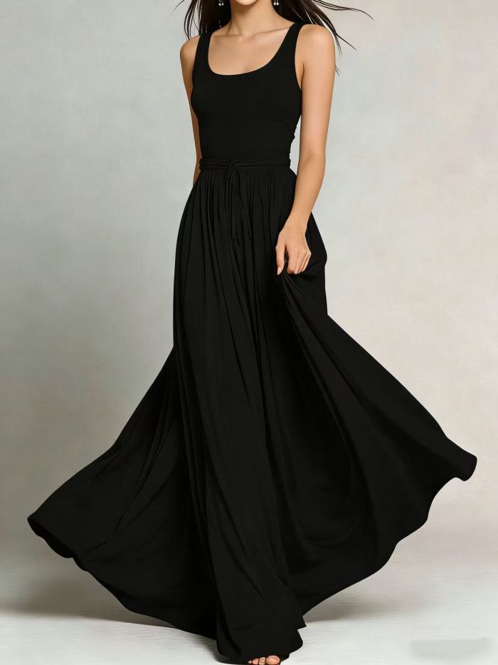 Solid O Neck A-Line Maxi Dress With Pockets For Daily Wear & Holiday