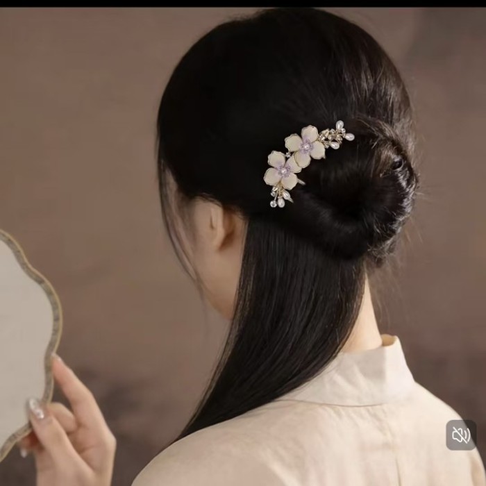 Gradient Floral Pearl Rhinestone Hair Comb, New Chinese Vintage Elegant Hair Accessory