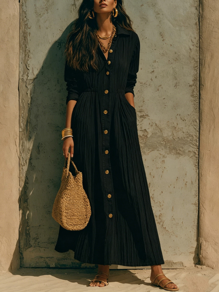 Solid Turn-Down Collar Single-Breasted Long Sleeve Maxi Dress For Party & Streetwear