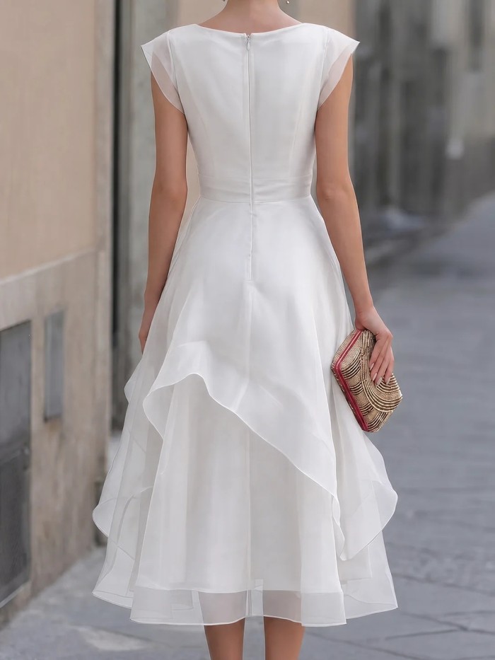 Solid O-Neck Organza Ruffle Layer A-Line Dress For Wedding Guest & Party