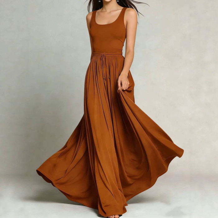 Solid O Neck A-Line Maxi Dress With Pockets For Daily Wear & Holiday