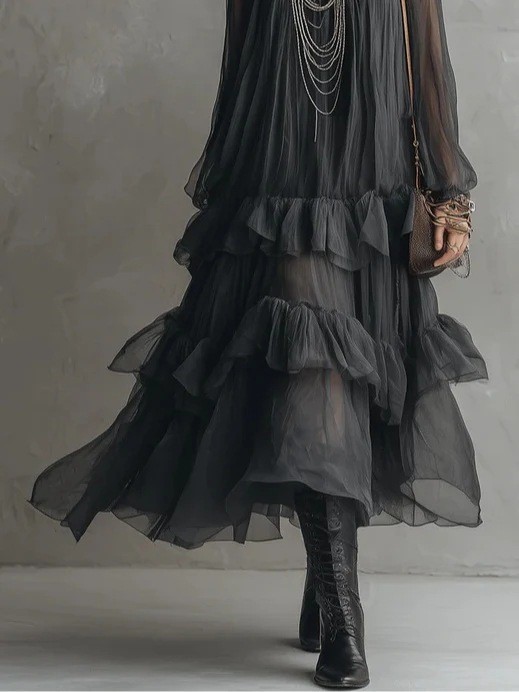 Dark Style Round Neck Sheer Chiffon Irregular Ruffle Tiered Maxi Dress For Evening Outing
