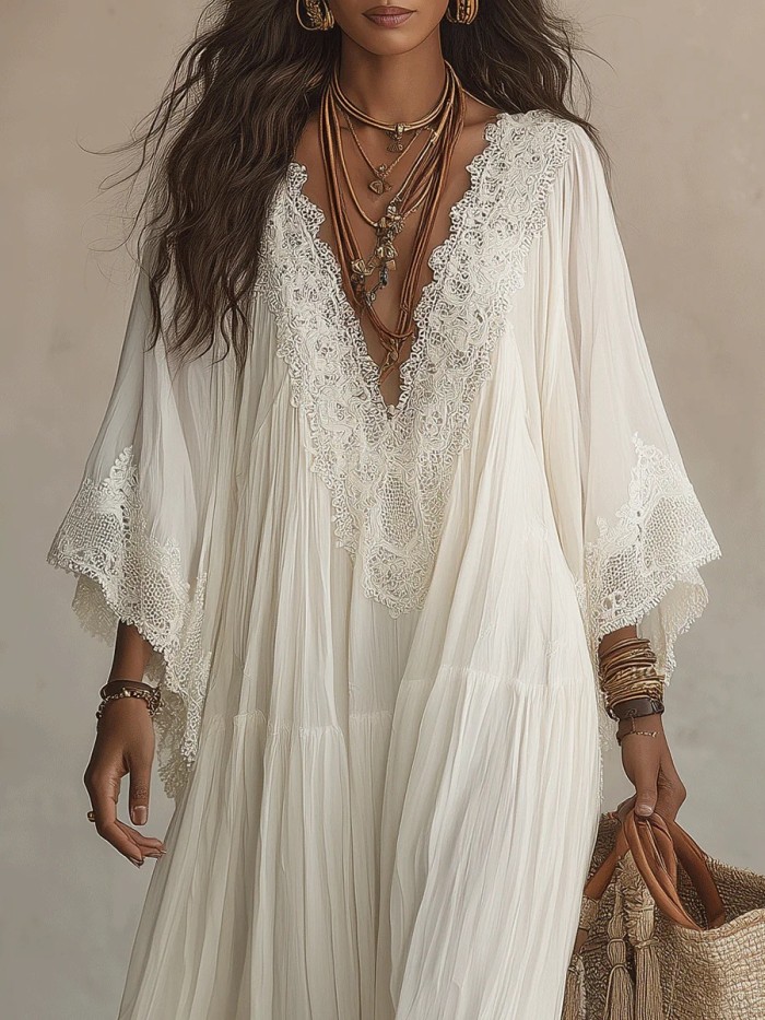 Solid V Neck Lace Trim Flowy Maxi Dress For Beach Holiday & Party