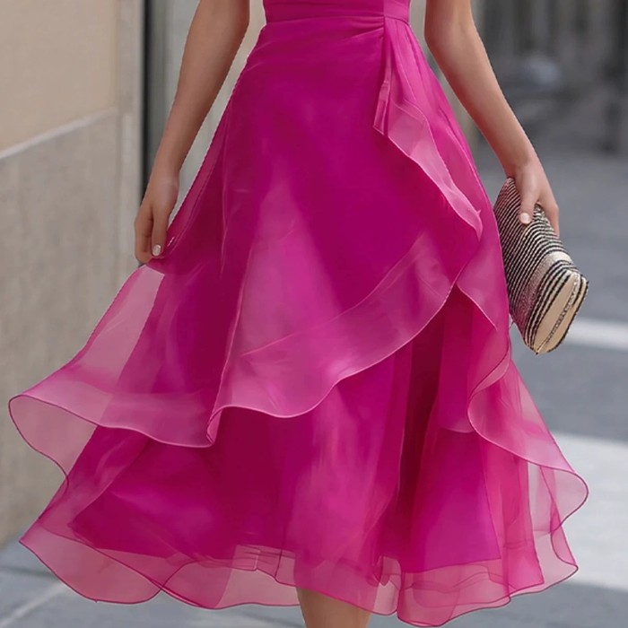Solid O-Neck Organza Ruffle Layer A-Line Dress For Wedding Guest & Party