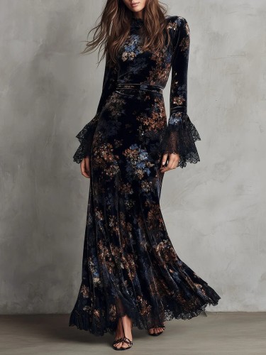 Vintage Floral Print Lace Spliced Flare Sleeve Velvet Maxi Dress For Banquet & Dating