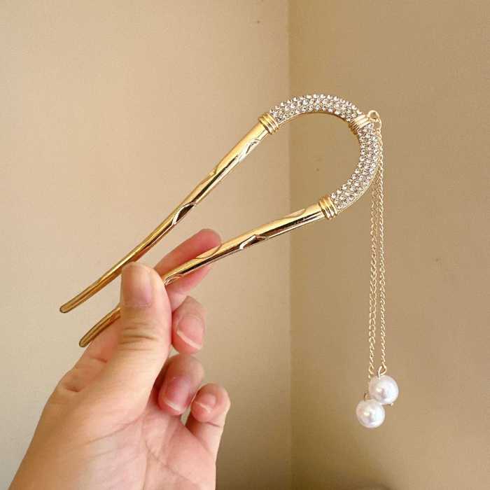 Luxury Golden Tassel U-Shaped Hair Fork For Wedding & Office Wear