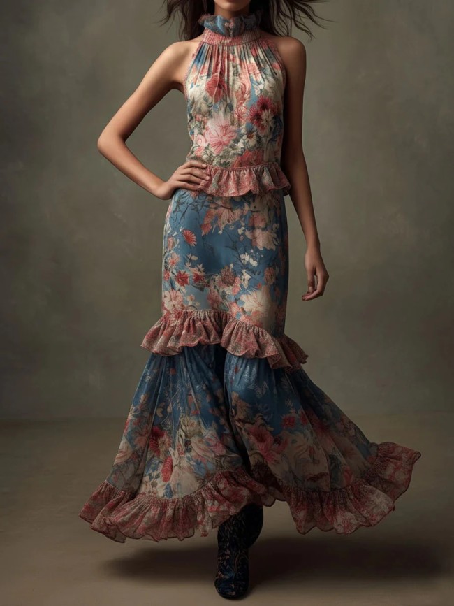 Off-the-Shoulder Ruffled Red Floral Bohemian Floor-Length Maxi Dress For Vacation Photoshoot