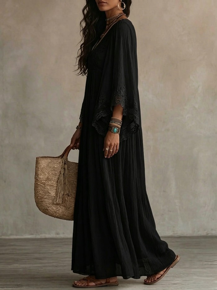 Solid V Neck Lace Trim Flowy Maxi Dress For Beach Holiday & Party