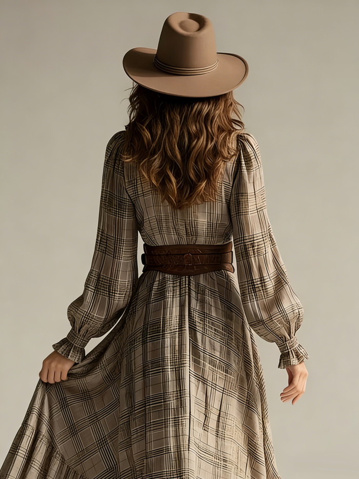 Digital Printed Plaid V Neck Long Sleeve Ruffle Trim Midi Dress For Daily Outing