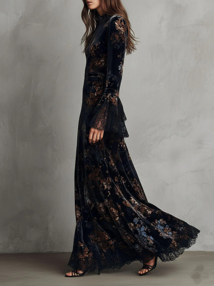 Vintage Floral Print Lace Spliced Flare Sleeve Velvet Maxi Dress For Banquet & Dating