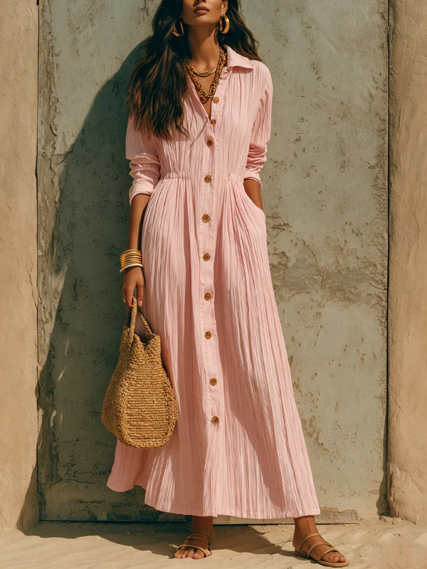 Solid Turn-Down Collar Single-Breasted Long Sleeve Maxi Dress For Party & Streetwear