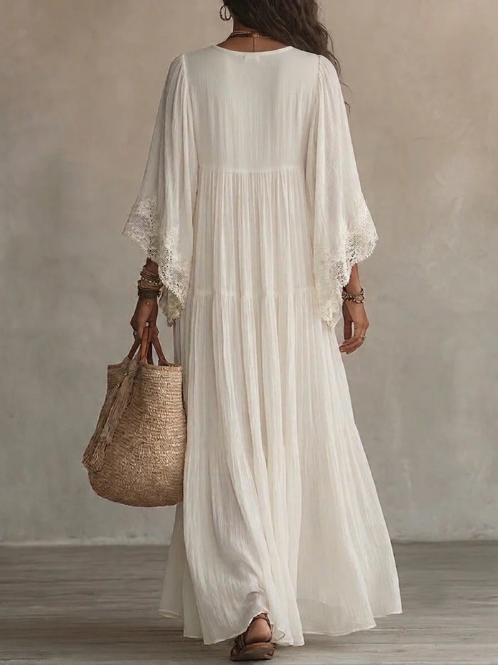 Solid V Neck Lace Trim Flowy Maxi Dress For Beach Holiday & Party