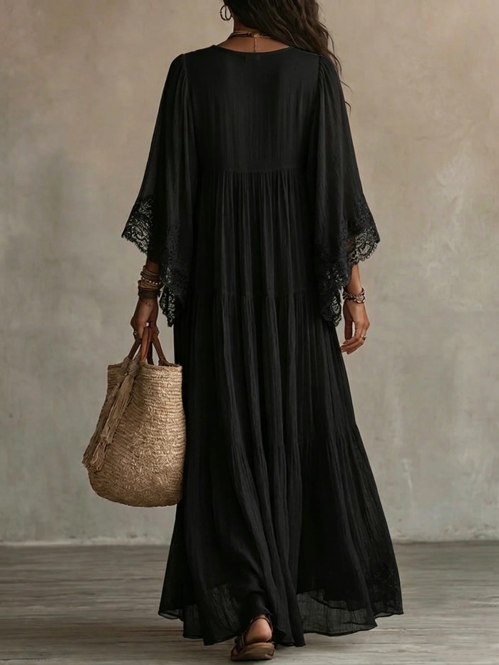 Solid V Neck Lace Trim Flowy Maxi Dress For Beach Holiday & Party