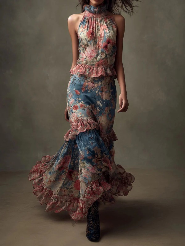 Off-the-Shoulder Ruffled Red Floral Bohemian Floor-Length Maxi Dress For Vacation Photoshoot