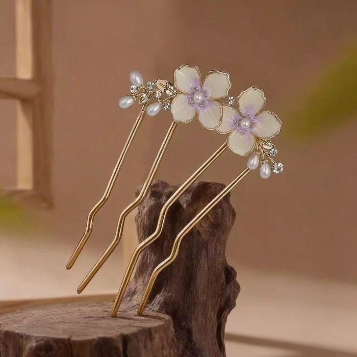 Gradient Floral Pearl Rhinestone Hair Comb, New Chinese Vintage Elegant Hair Accessory