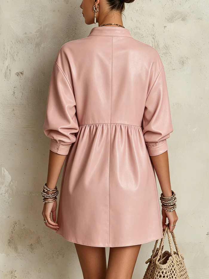 Faux Leather Stand Collar Zip Front Puff Sleeve A-Line Mini Dress For Casual Party Club