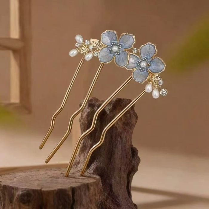 Gradient Floral Pearl Rhinestone Hair Comb, New Chinese Vintage Elegant Hair Accessory