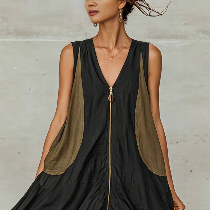 Boho Color Block Patchwork Sleeveless V Neck Midi Dress For Holiday Streetwear