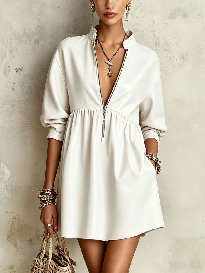 Faux Leather Stand Collar Zip Front Puff Sleeve A-Line Mini Dress For Casual Party Club