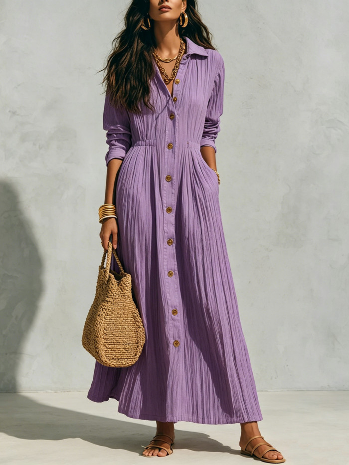 Solid Turn-Down Collar Single-Breasted Long Sleeve Maxi Dress For Party & Streetwear