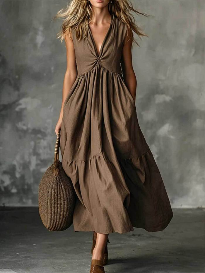 Solid Sleeveless Deep V Neck Loose Maxi Dress For Summer Party & Holiday