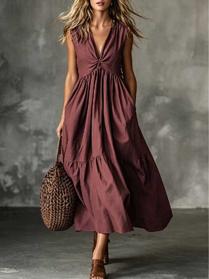 Solid Sleeveless Deep V Neck Loose Maxi Dress For Summer Party & Holiday