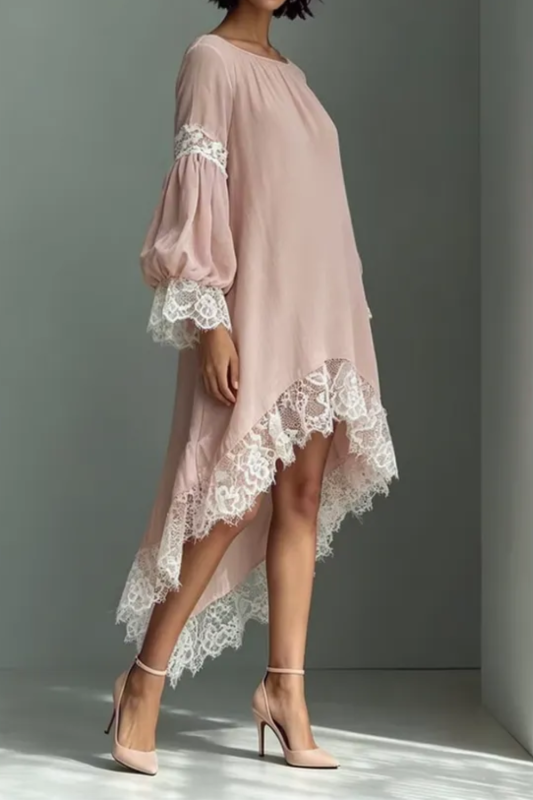 Vintage Lace Patchwork Round Neck Long Sleeve Asymmetrical High Low Hem Dress For Daily Outing