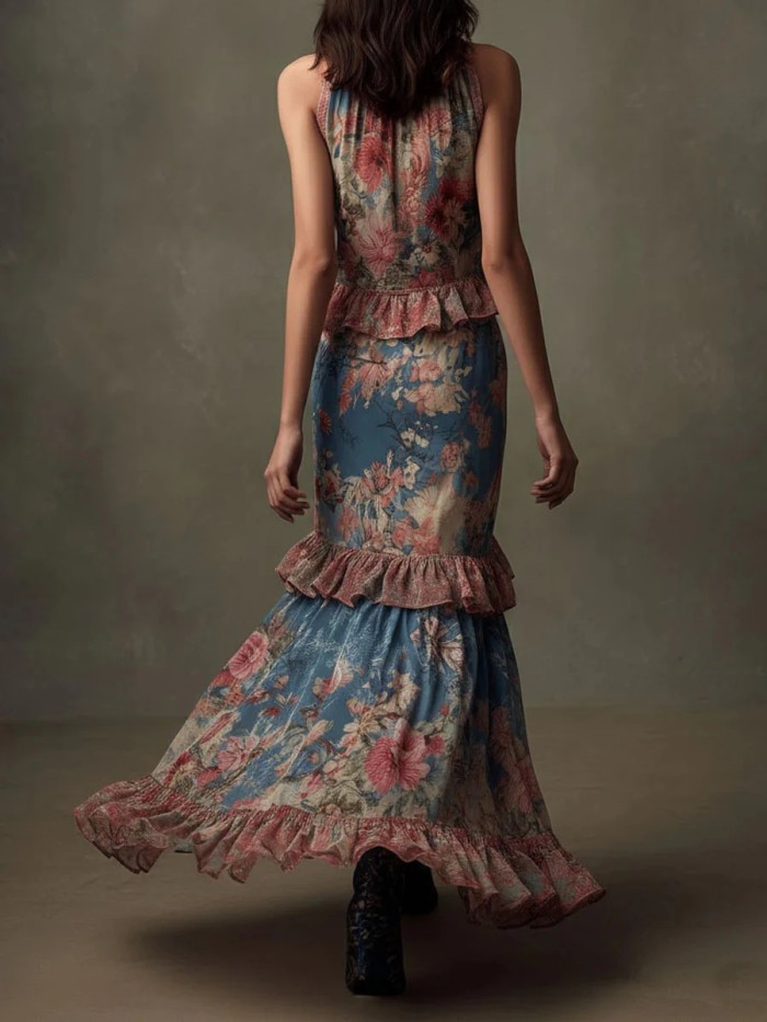 Off-the-Shoulder Ruffled Red Floral Bohemian Floor-Length Maxi Dress For Vacation Photoshoot