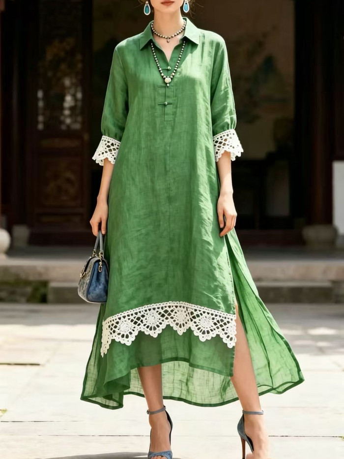 Elegant Turn-down Collar Crochet Lace Split Maxi Shirt Dress For Casual Vacation