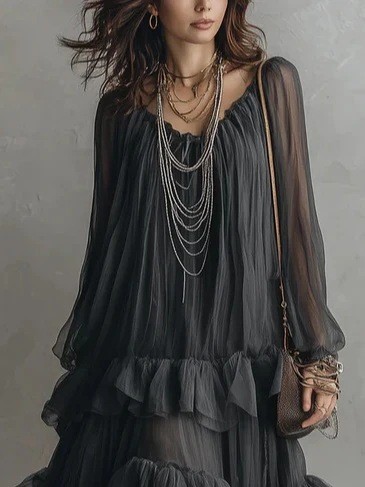 Dark Style Round Neck Sheer Chiffon Irregular Ruffle Tiered Maxi Dress For Evening Outing