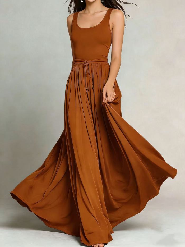 Solid O Neck A-Line Maxi Dress With Pockets For Daily Wear & Holiday