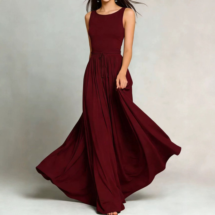 Solid O Neck A-Line Maxi Dress With Pockets For Daily Wear & Holiday