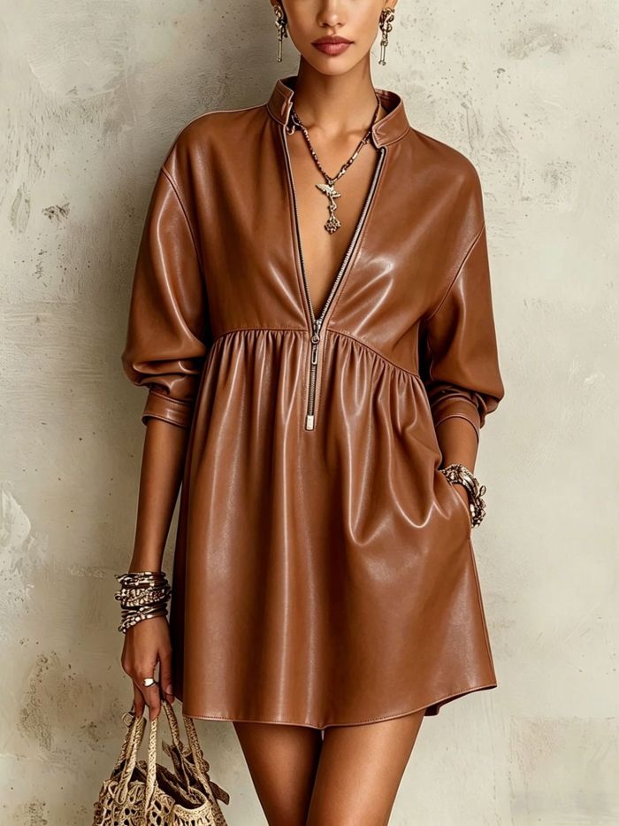 Faux Leather Stand Collar Zip Front Puff Sleeve A-Line Mini Dress For Casual Party Club