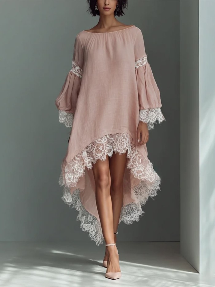 Vintage Lace Patchwork Round Neck Long Sleeve Asymmetrical High Low Hem Dress For Daily Outing