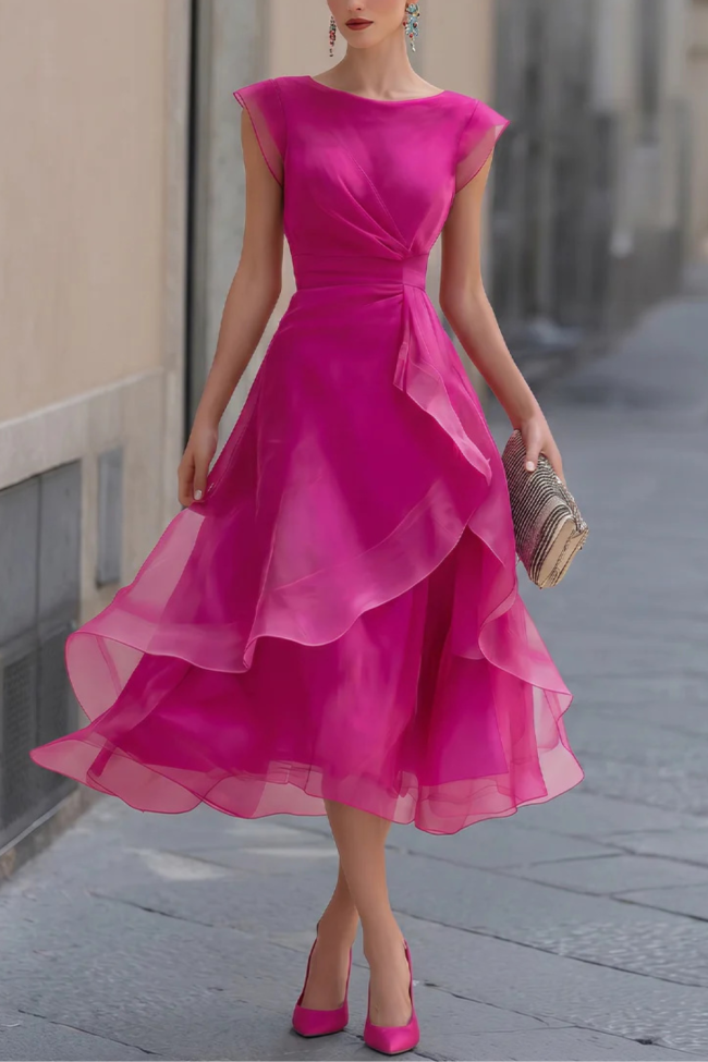Solid O-Neck Organza Ruffle Layer A-Line Dress For Wedding Guest & Party