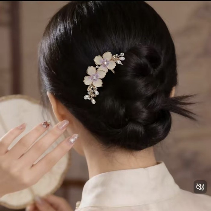 Gradient Floral Pearl Rhinestone Hair Comb, New Chinese Vintage Elegant Hair Accessory