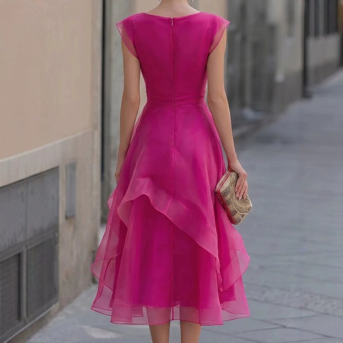 Solid O-Neck Organza Ruffle Layer A-Line Dress For Wedding Guest & Party