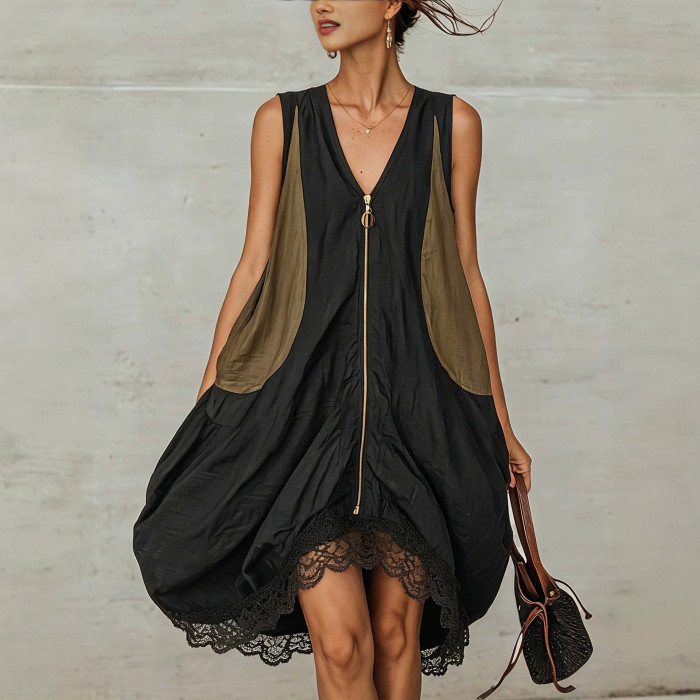 Boho Color Block Patchwork Sleeveless V Neck Midi Dress For Holiday Streetwear