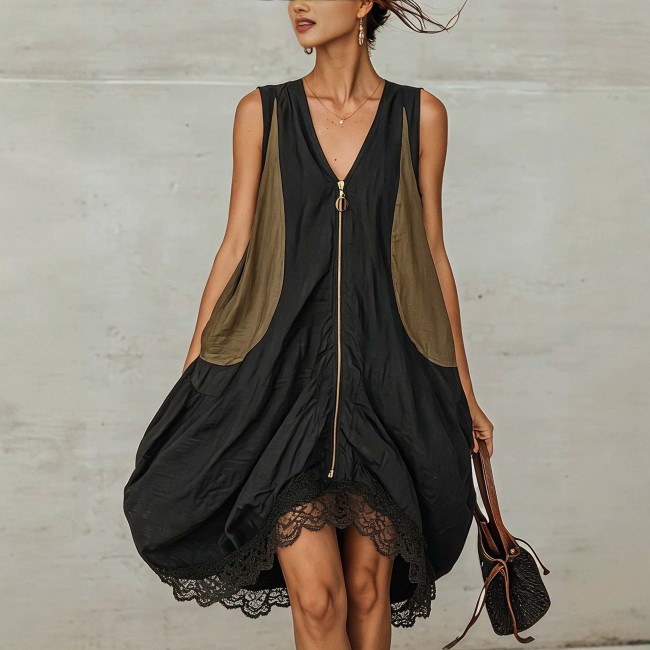Boho Color Block Patchwork Sleeveless V Neck Midi Dress For Holiday Streetwear