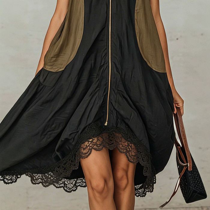 Boho Color Block Patchwork Sleeveless V Neck Midi Dress For Holiday Streetwear