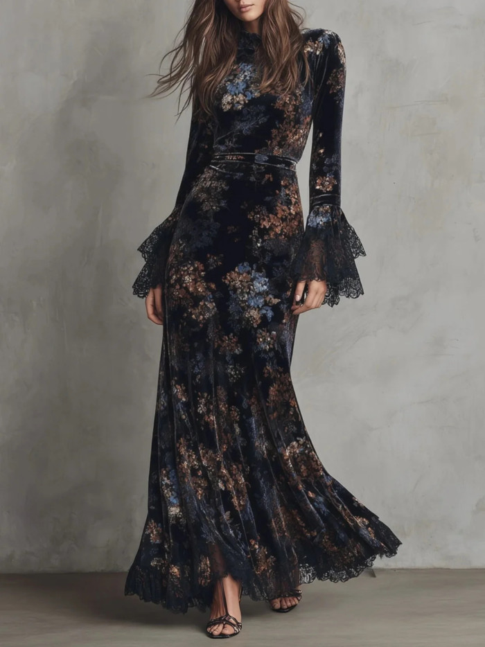 Vintage Floral Print Lace Spliced Flare Sleeve Velvet Maxi Dress For Banquet & Dating