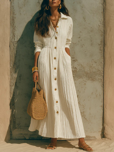 Solid Turn-Down Collar Single-Breasted Long Sleeve Maxi Dress For Party & Streetwear
