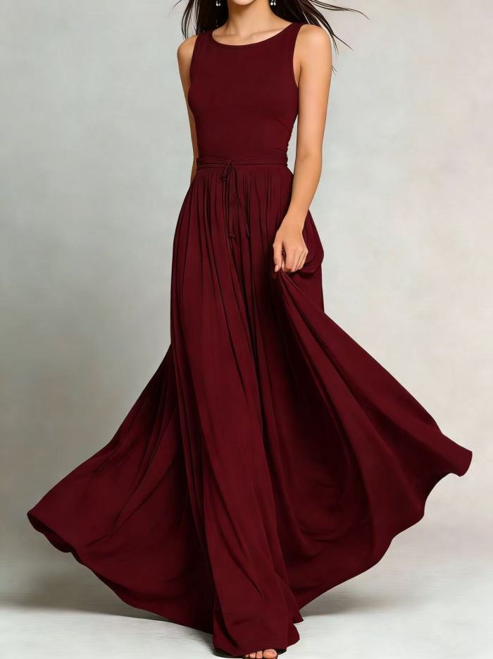 Solid O Neck A-Line Maxi Dress With Pockets For Daily Wear & Holiday