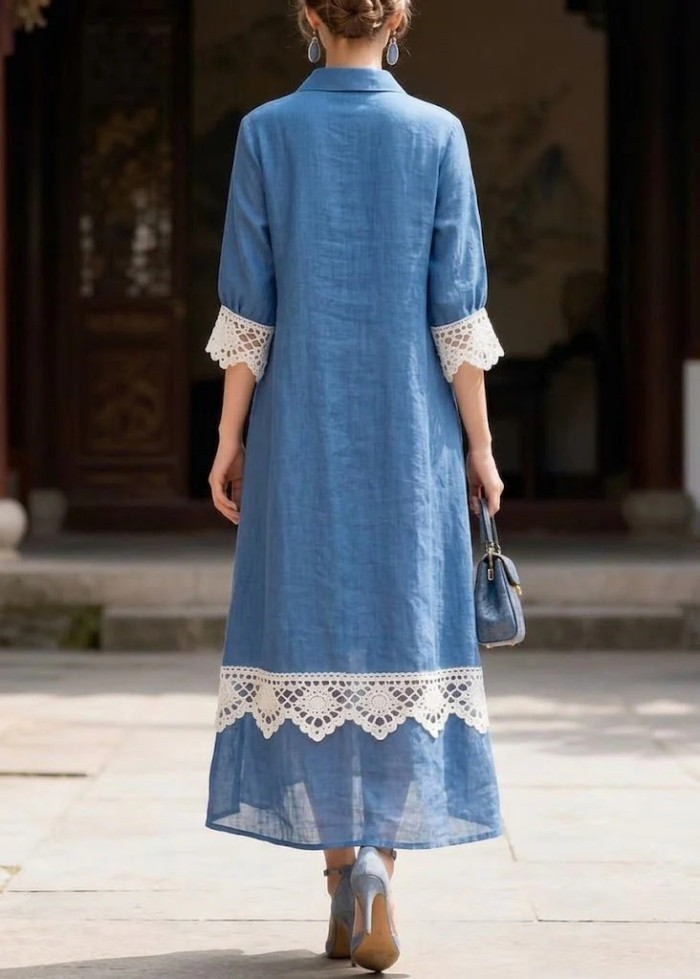 Elegant Turn-down Collar Crochet Lace Split Maxi Shirt Dress For Casual Vacation
